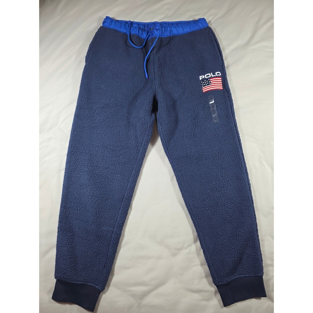 Polo Ralph Lauren Flag High Pile Sherpa Fleece Joggers Mens XL Navy Blue NWOT